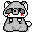 Pixel art character with gray body, white ears, black glasses, and red cheek marks in multiple poses including standing, turning, and crouching.