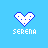 Pixelated heart icon with blue outline and white fill, each containing small blue dots; below the heart is pixelated text reading 'SERENA' on a solid light blue background.