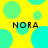 Yellow background with cyan and light green circles; four instances of the text 'NORA' in black pixelated font.