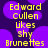 Yellow pixelated text on purple background reads 'Edward Cullen likes shy brunettes' with purple circular shapes.