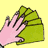 A pink hand with black nail polish fans green cards against a yellow background, then reveals playing cards including the King of Hearts.