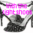 Pixelated high-heeled shoes with text overlay reading 'With the right shoes you can do anything!' in bright pink.