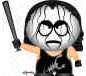 Animated avatar with two distinct expressions: one with downturned mouth and one with smiling mouth, both holding a bat-like object.