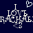Pixelated text reads "I LOVE RACHEL" with a heart symbol above the first I, on dark blue background.