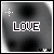Pixelated 'LOVE' text in white block letters on a grayscale gradient background with small white cross-like shapes and black symbols at bottom corners.