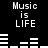 Black background with white text "Music is LIFE" and animated audio equalizer bars changing height across two