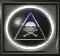 A circular icon with a glowing white ring around a dark background, featuring a skull and crossbones inside a blue triangle.