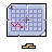 Pixel art icon showing a grid with red and dark purple elements on light blue background, plus separate yellow-orange pixel stack below.