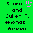 Green background with black pixelated text reading 'Sharon and Julien A. friends forever' on both sides, a pink heart symbol replacing the 'o' in Sharon on the left side.