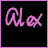 A 48x48 pixel animated buddy icon featuring the name "Alex" in pink cursive text with a yellow star appearing and disappearing across three frames, displayed on a black background within a contact sheet layout.