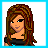 Pixel art contact sheet of a female character's outfit and text phrases in blue, black, and white colors with visible pixelation and dithering effects.