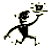 Pixelated black figure in dynamic pose holding a coffee cup with steam, set against solid gray background.