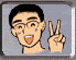Pixelated cartoon character with short black hair, glasses, and a tongue sticking out makes a peace sign in four
