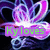 Animated pink and purple floral design with green text overlays on a dark background, displaying sequential text changes.