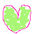 Animated sequence of a green heart-shaped icon with pink outline transitioning through multiple states from full to fragmented.