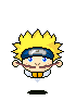 Pixelated character with spiky yellow hair and blue headband, wearing white shirt with orange trim, standing on black base against gray background.