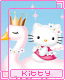 Hello Kitty character in pink dress with white fur trim sits on swan, both wearing crowns against light blue background with stars and pink border.