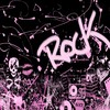 Pink and black abstract design with stylized text reading 'Rock' and a skull motif on a dark background.