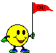 Yellow smiley face character with green hands and blue shoes holding a red flag labeled 'OU' in various poses against gray background.
