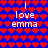 Blue background with red heart pattern and white text "I love emma" repeated in two , transitioning from bright red hearts to darker purple-red hearts