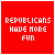 A 12-frame animated contact sheet of red pixel art icons with white text and small plus symbols, each frame showing variations of the phrase "REPUBLICANS HAVE MORE FUN" in different misspellings or partial forms.