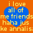Blue heart-shaped icon with yellow text on orange background, displaying 'i love all of me friends haha jus ke annalis' in pixelated font.
