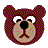 Pixelated bear face with brown checkered fur, white eyes, black pupils and nose, pinkish muzzle, gray background.