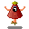 Pixelated character with red body, green top, blue eyes, black mouth symbol, and orange feet in multiple poses.