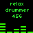 Green pixelated text and bar graphs on black background, with 'relax drummer 456' repeated twice above two sets of green bars.