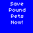 Blue background with white pixelated text 'Save Pound Pets Now!' arranged in a , with cyan highlight rectangles shifting across different text lines