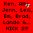 Red background with black text listing names and "NICK S!!!" in pixelated font, featuring animated white dot patterns near "Ally".