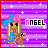 Pixel art character with pink and blue hair, brown skin, holding a blue object against purple striped background with white stars.