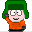 Pixelated character with green hair, orange shirt, and black gloves in two poses against gray background.