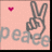 Pixelated pink background with a small red heart, gray peace sign hand gesture, and partial 'peace' text below.