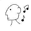 A cartoon head with a single dot eye and simple mouth, surrounded by musical notes that change position across frames.