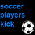 Blue text and soccer ball icons on black background with animated text changes showing 'screw that!' and 'we kick ass!'.