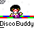 A pixel art buddy icon featuring a character with an afro, red sunglasses, and purple outfit against a gray background with white sparkles.