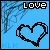 Pixelated blue background with black heart outline, 'LOVE' text at top right, and faint 'KLK' letters at bottom left.