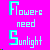 Pixelated scene with pink text 'Flowers need Sunlight' on left, four white celestial objects above brown horizontal lines, and yellow circular flowers with purple-blue layers below.