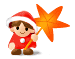 Pixel art character in red outfit holding orange star wand, two frames showing pose change with static background.