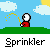 Pixel art animation of a red figure with white head spraying water from a sprinkler on green grass under blue sky with clouds and yellow sun.