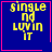 Four blue square with pink borders display yellow pixelated text 'single nd luvin it' with a pink heart in the top-right and a pink star in the bottom-right