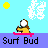Pixelated character on pink surfboard in four positions with 'Surf Bud' text below, light blue background with yellow suns and white clouds.