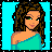 Pixel art contact sheet showing a female character's outfit components and text phrases on cyan background with black dotted borders.