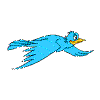 Three blue cartoon birds with yellow beaks and white eyes fly against a gray background, each in distinct wing positions.