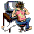 Pixelated cartoon character in pink shirt and blue jeans sits at desk with computer, hand near face in three sequential poses.