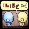 Two cartoon characters with large eyes stand side-by-side under a speech bubble reading "I LIKE You!" in mixed-case letters.