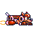 Pixelated cartoon character with orange and pink coloring, large eyes, and a rocket engine, shown in two sequential poses with motion blur effects.
