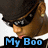 Pixelated cartoon character with brown fur, black sunglasses, and a large dark hat, sticking out its tongue beneath blue text reading 'My Boo' on a white background.