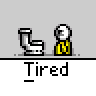Animated contact sheet of 16 frames showing a yellow stick figure character in various tired poses with toilet, chair, and office props against gray background.
